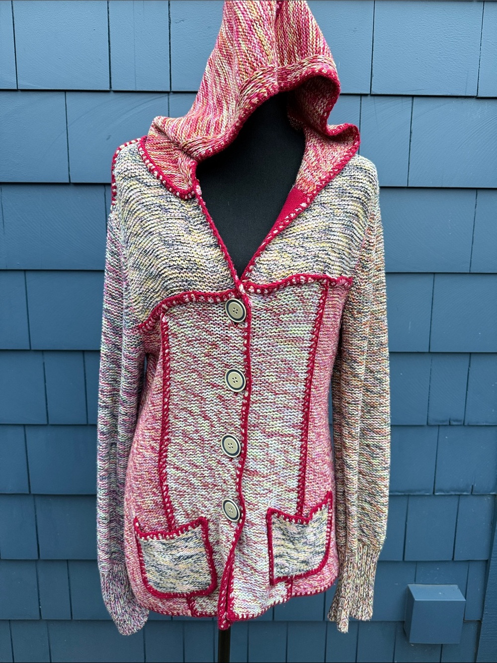 Anthropologie Sparrow Large Multicolor Hooded Knit Cardigan Sweater Pink Accent